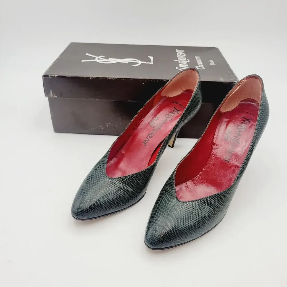 Vtg YVES SAINT LAURENT Green Python Triboo Heels Pumps Sz 6.5 Made In Italy - Picture 5 of 11